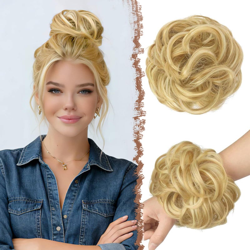 FESHFEN Messy Bun Hair Pieces - Large Wavy Curly Elastic Hair Bun Scrunchies Ponytail Extensions Synthetic Chignon Hairpieces for Women, Strawberry Blonde & Bleach Blonde 1.94oz - Image 1